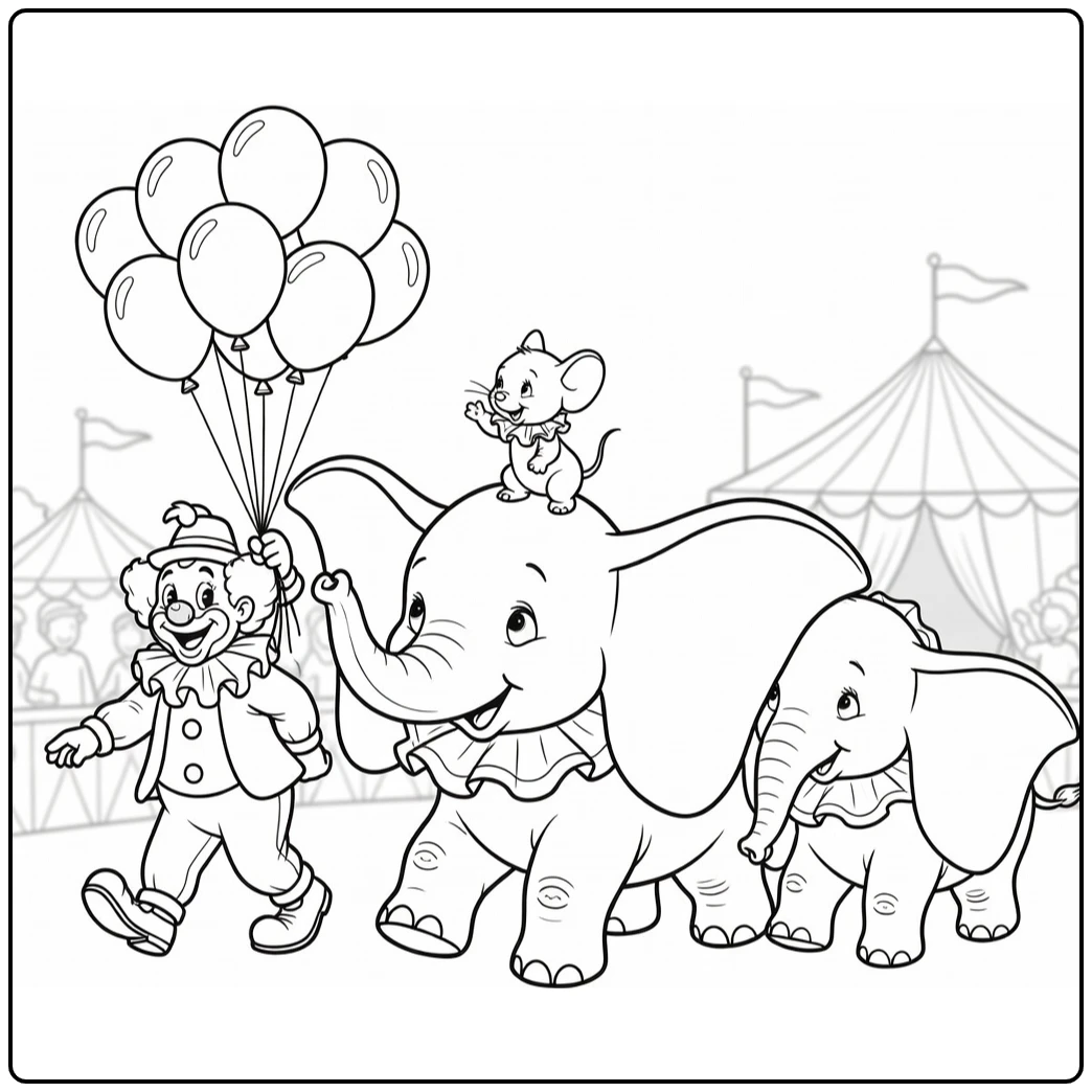 Dumbo kleurplaat met Timothy Muis, Mrs Jumbo en clown