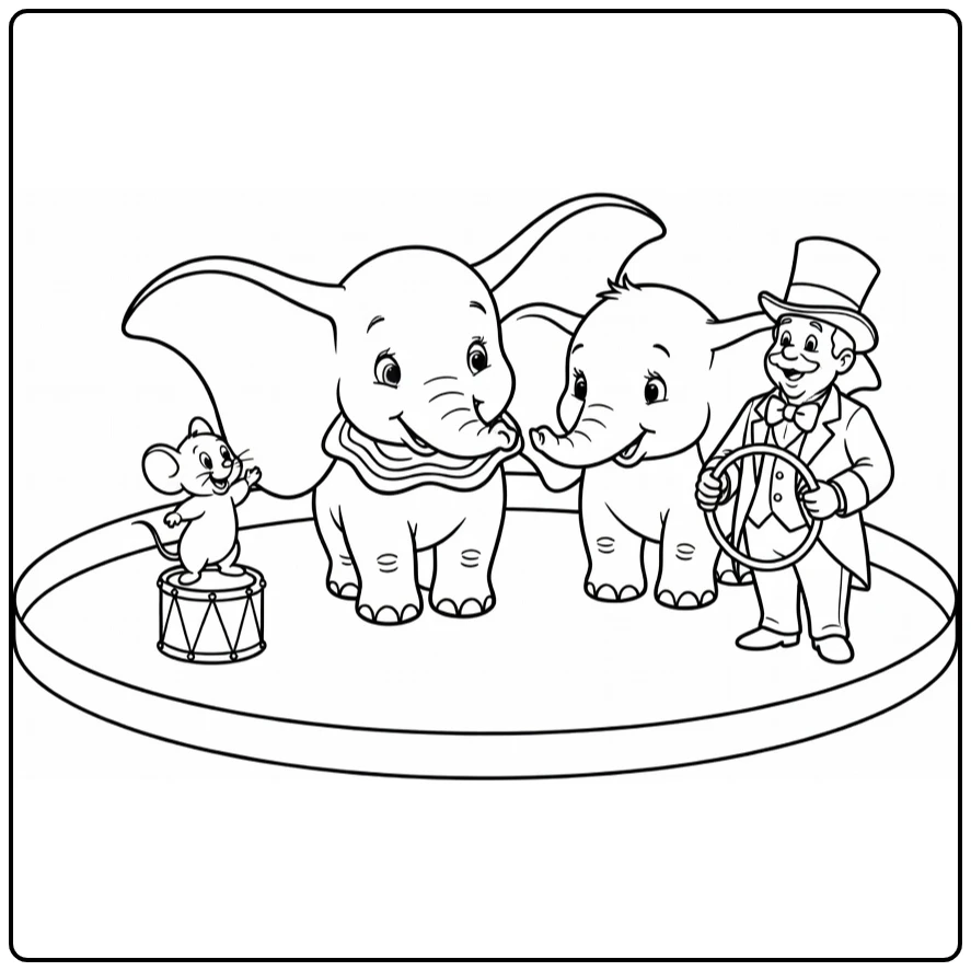 Dumbo kleurplaat met Timothy Muis en mevrouw Jumbo
