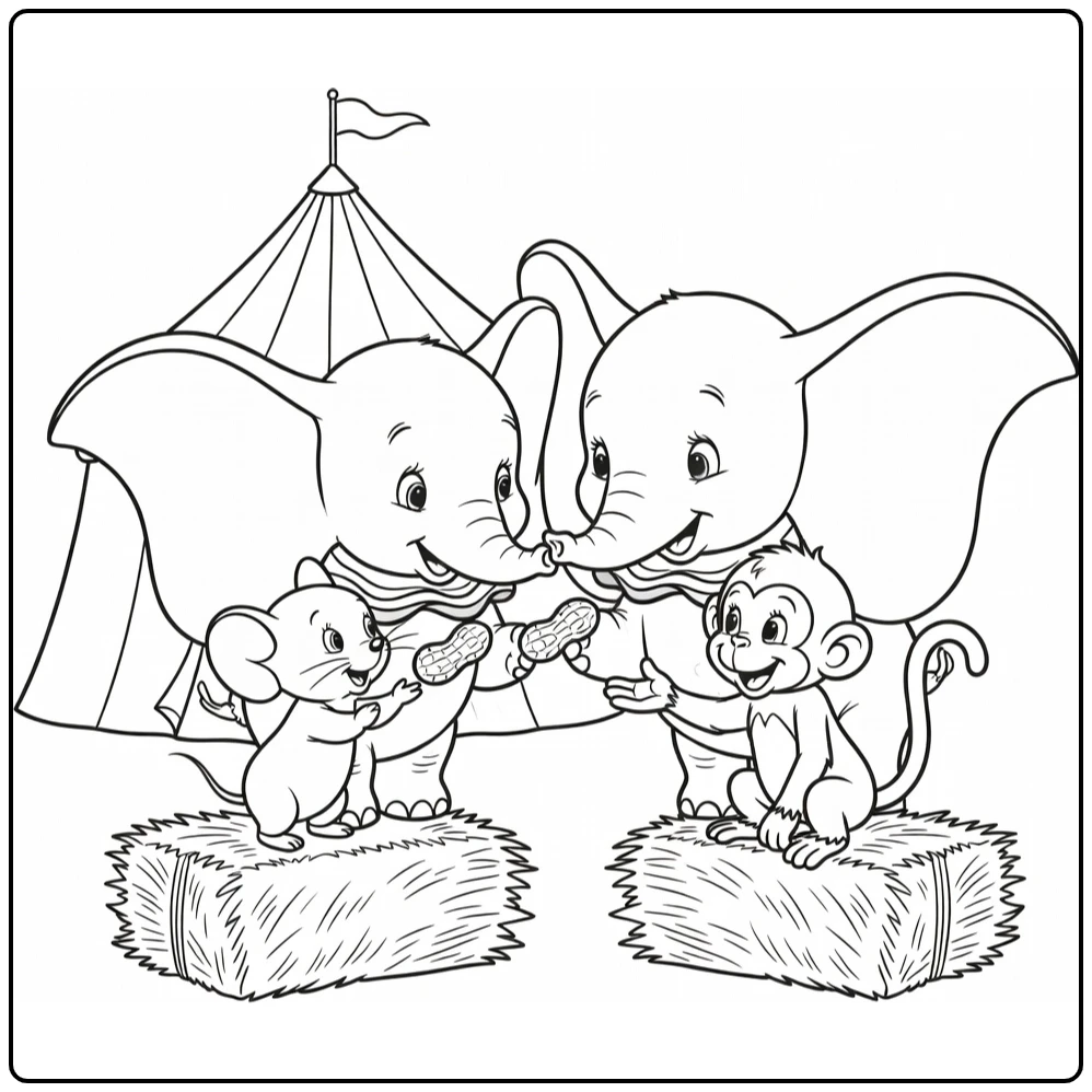 Dumbo kleurplaat: deelt pinda's met Timothy, Mrs. Jumbo, aap