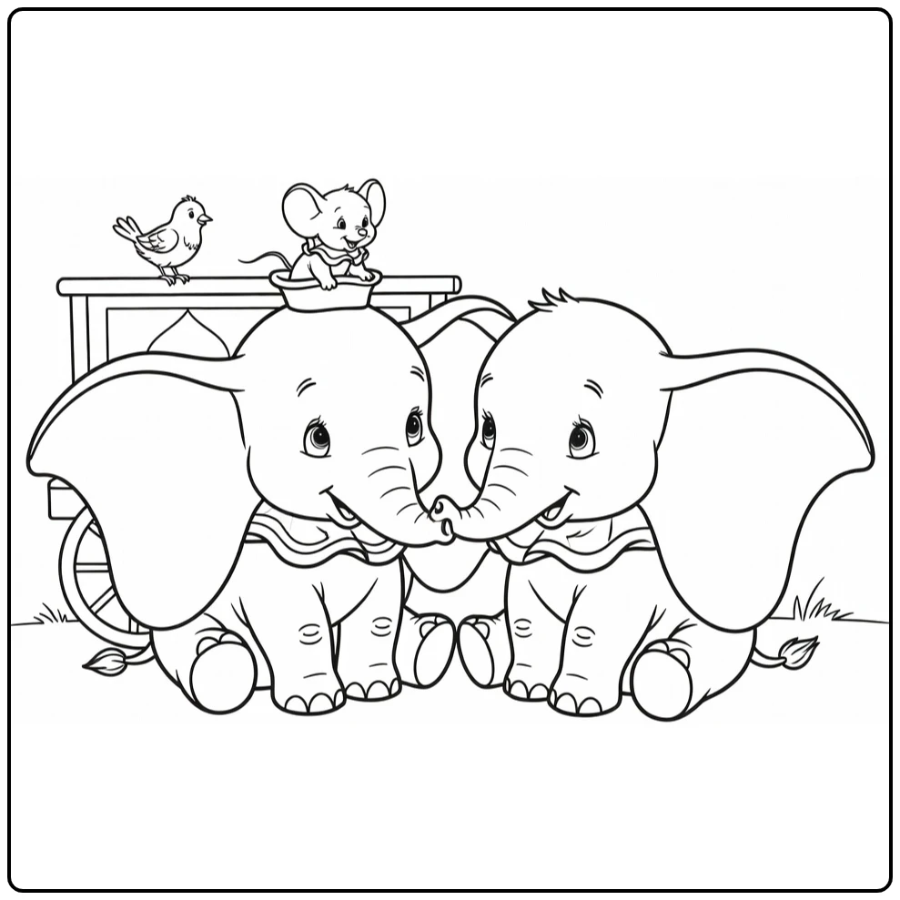 Dumbo kleurplaat: Dumbo met Mevrouw Jumbo bij circuswagen
