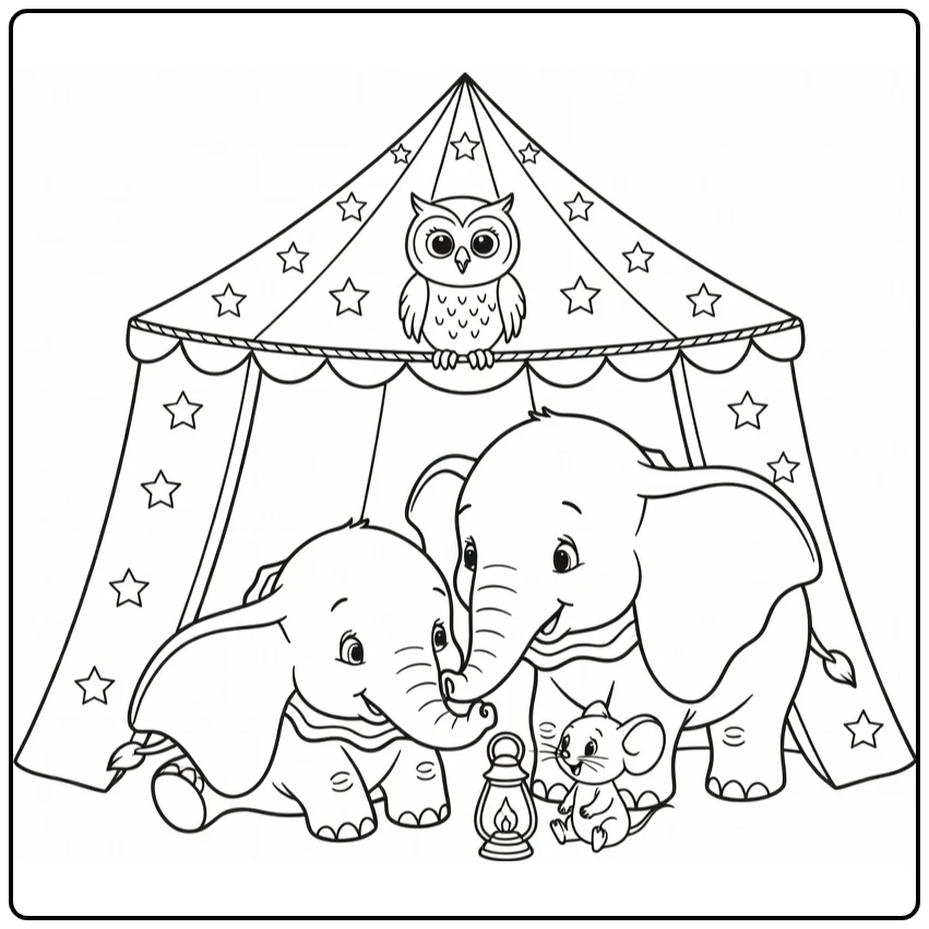 Dumbo kleurplaat: rustend onder sterren circustent met muis