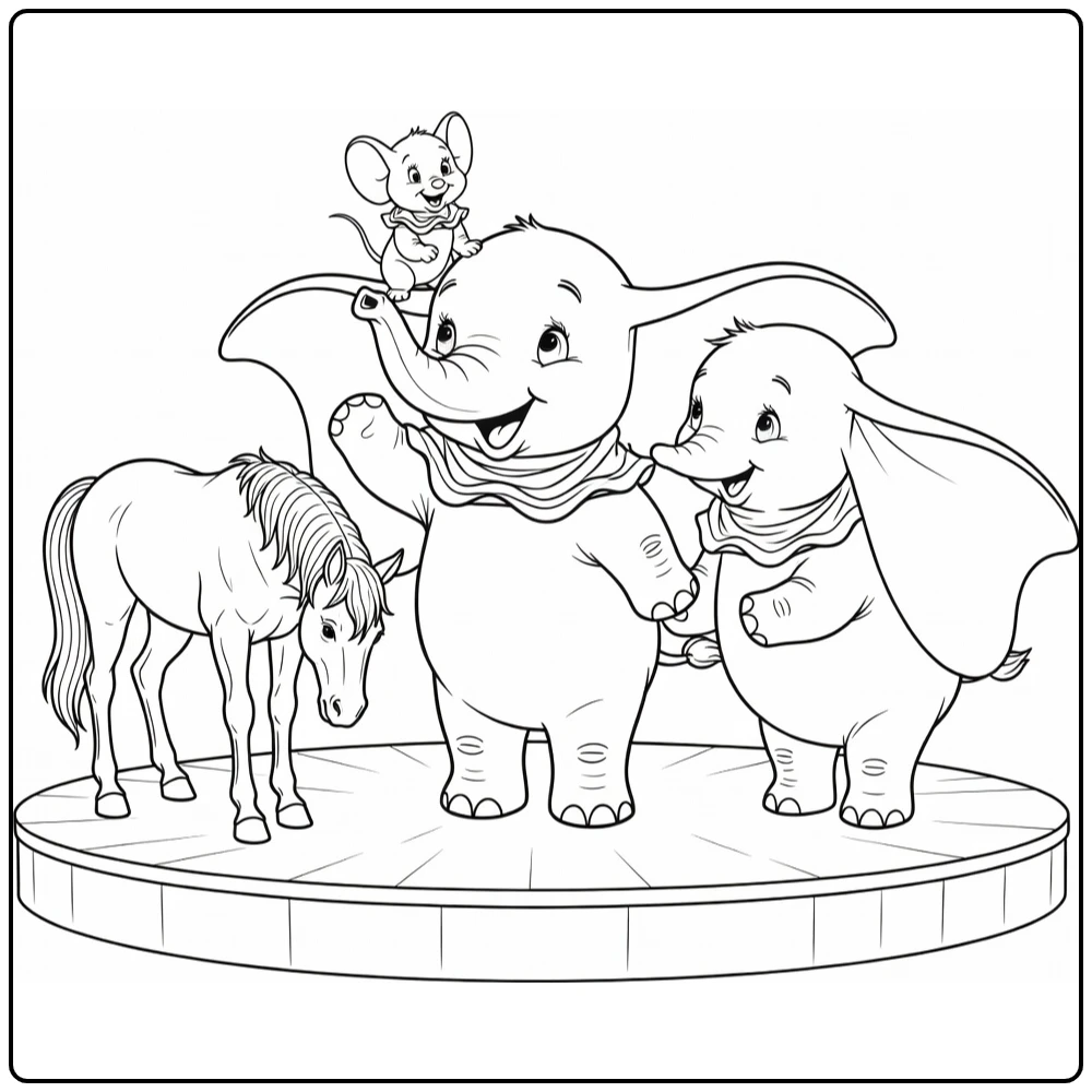 Dumbo kleurplaat: trots met Timothy, Mrs. Jumbo & paard