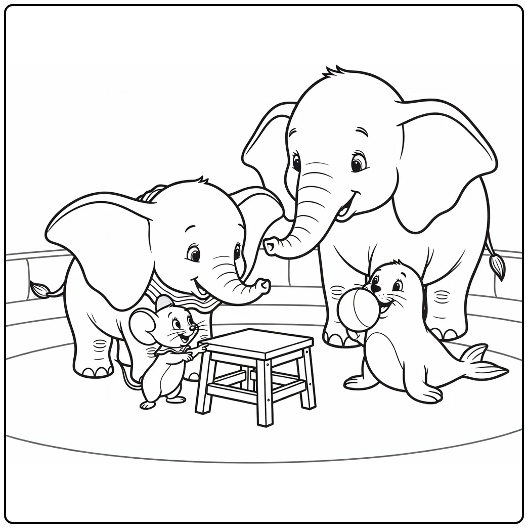Dumbo kleurplaat: circus truc met Timothy, Jumbo en zeehond