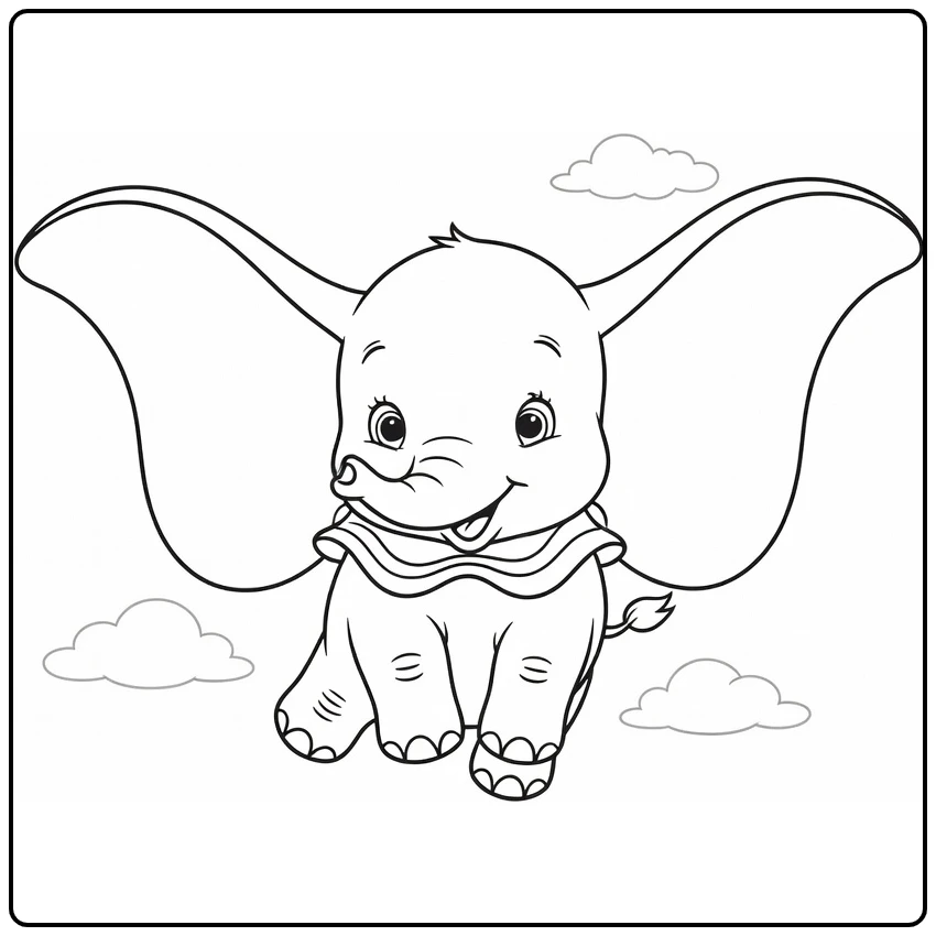 Dumbo kleurplaat: schattig baby olifantje vliegt met grote oren en wolken