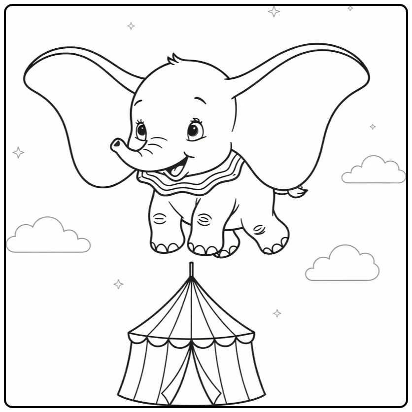 Dumbo kleurplaat: vliegende babyolifant boven circustent