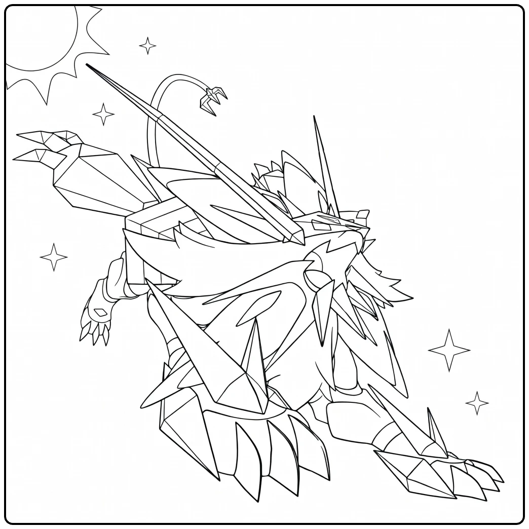 Dusk Mane Necrozma kleurplaat met zon en sterren