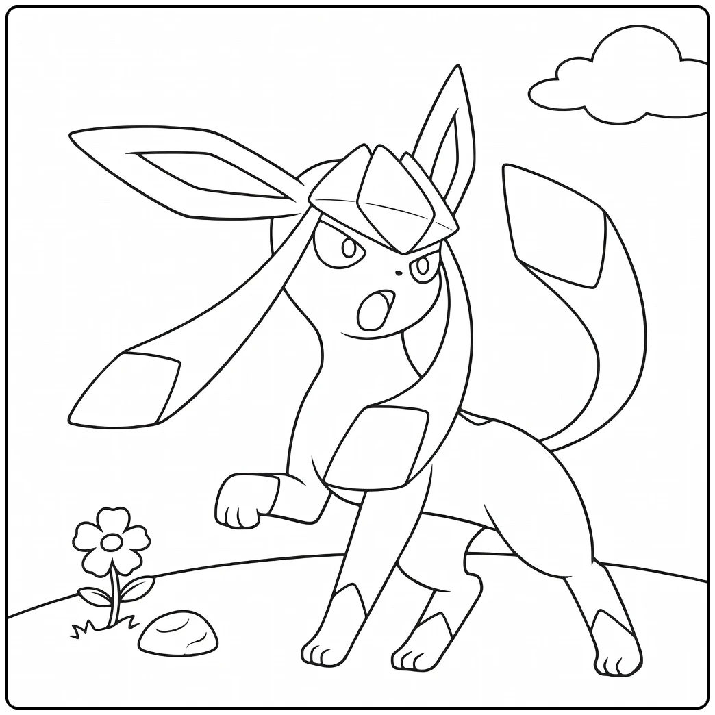 Glaceon kleurplaat: actiepose met ijs kroon en bloem
