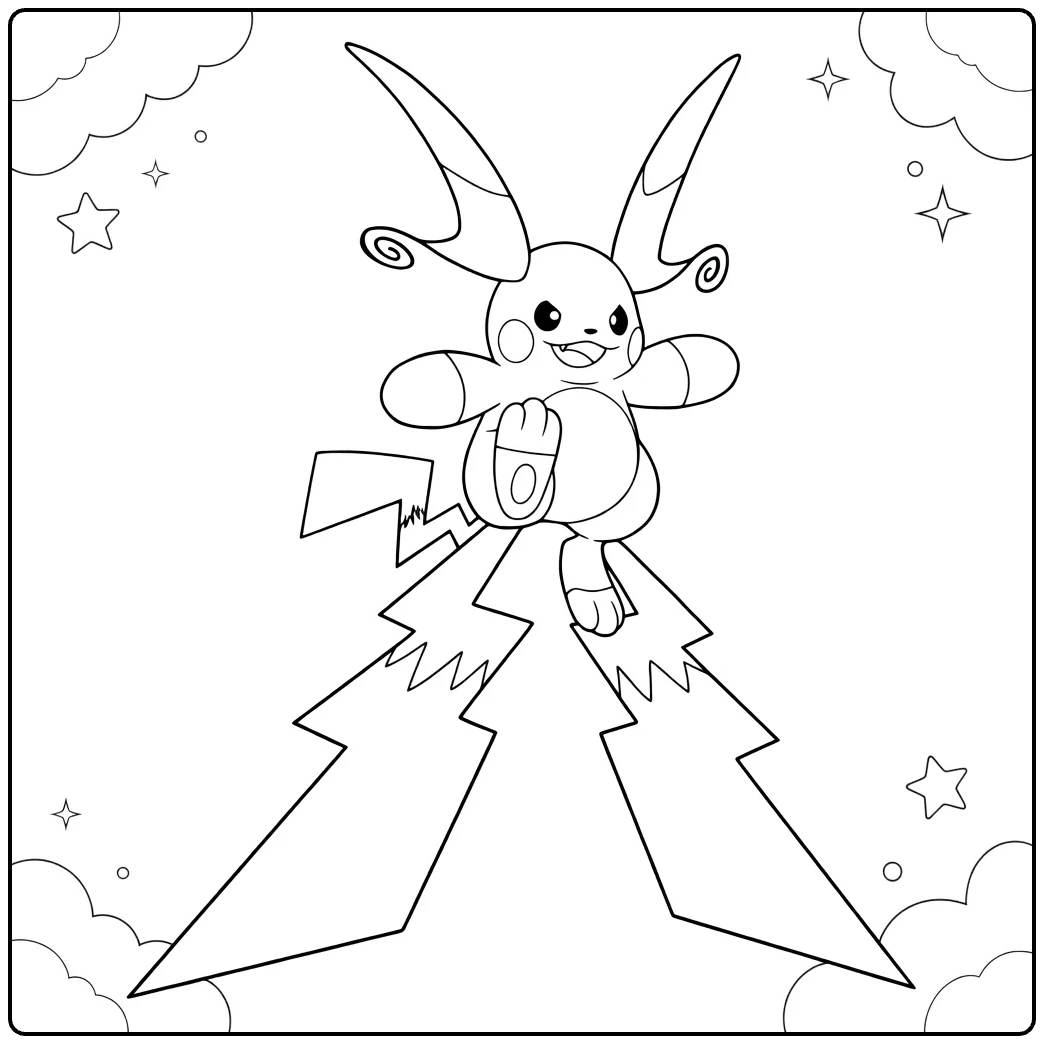 Mega Raichu X Kleurplaat met bliksem en sterren