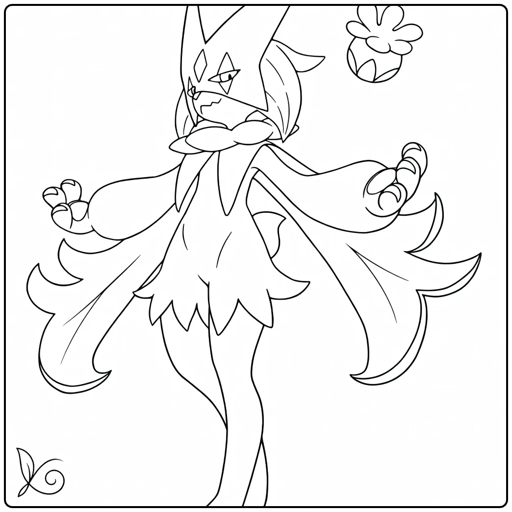 Meowscarada Kleurplaat met vliegende bloemen en pose