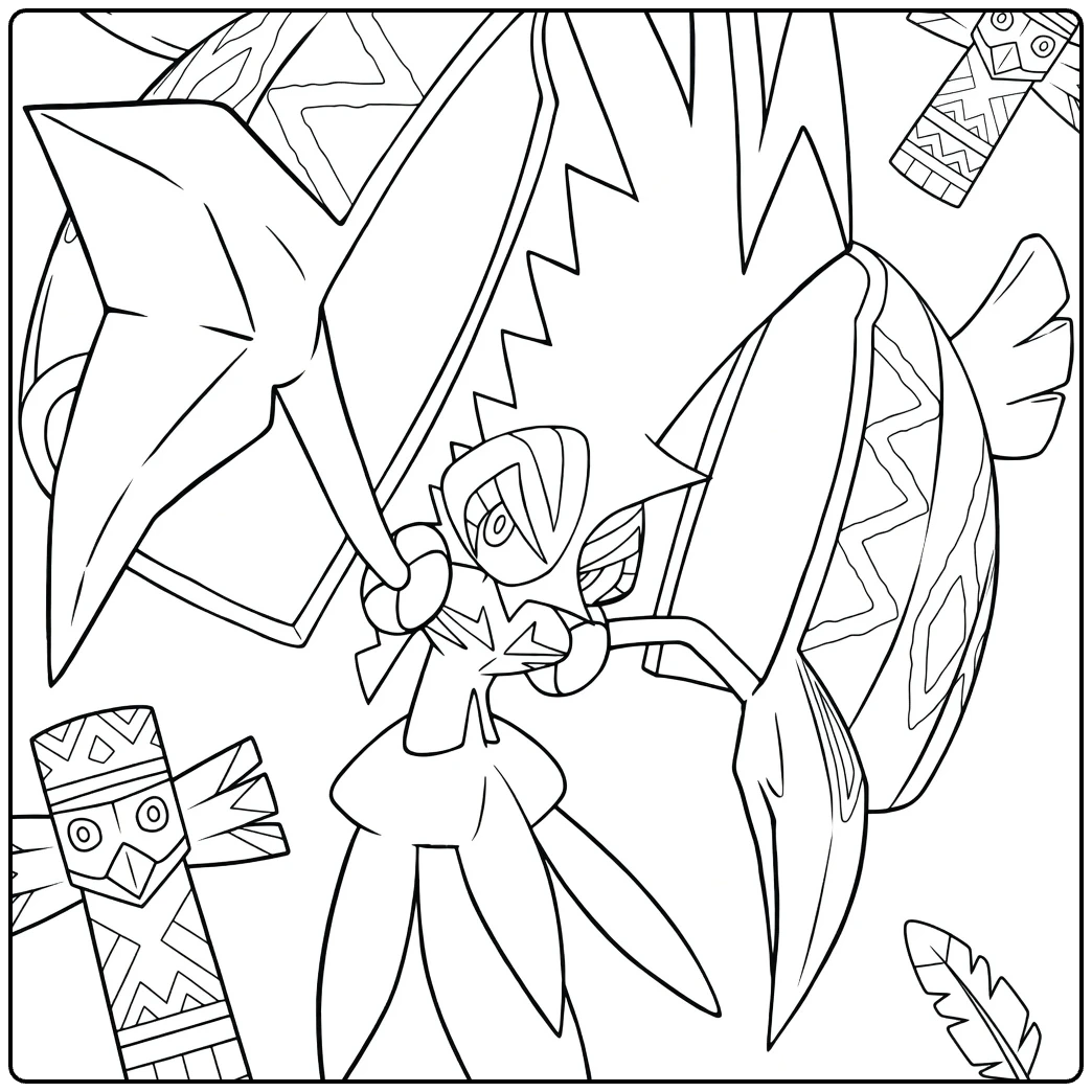 Tapu Koko Kleurplaat met totems en veren Pokémon