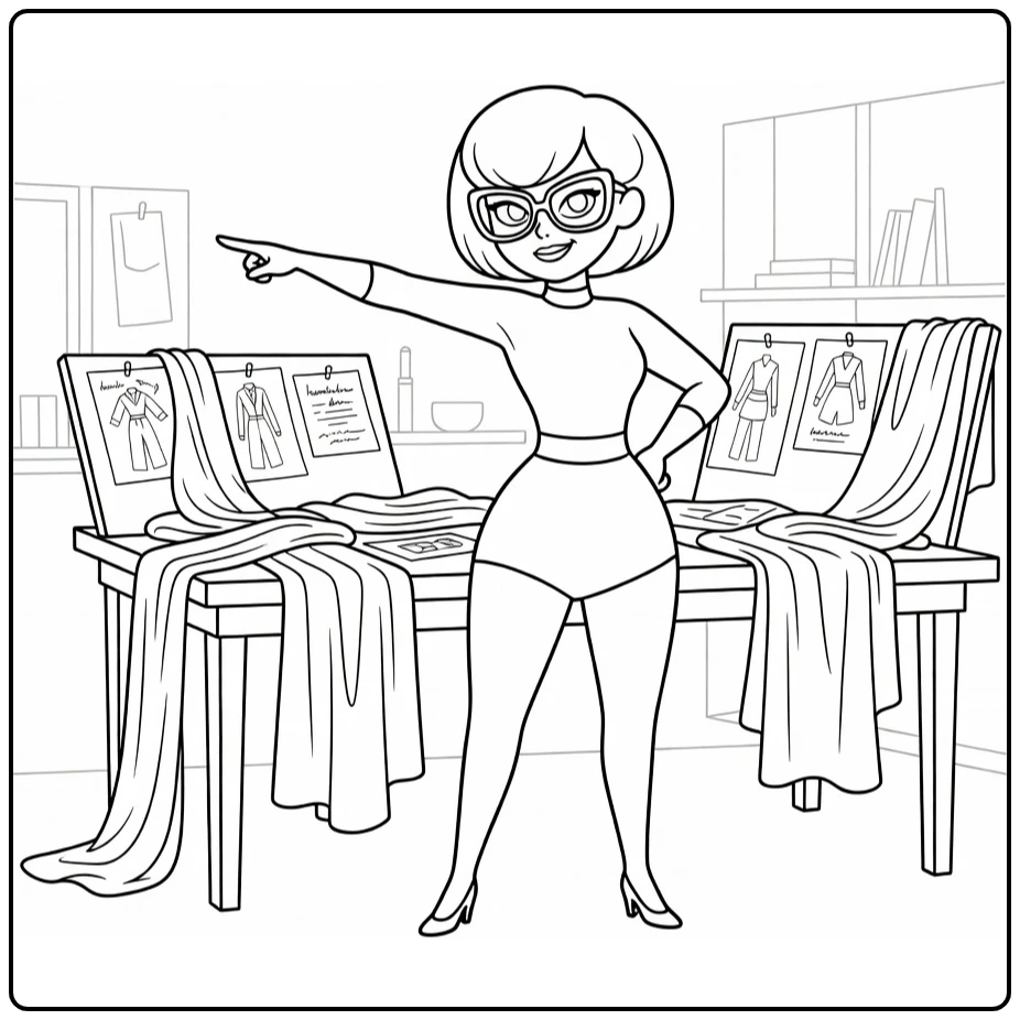 Edna Mode Kleurplaat met Edna die wijst bij werktafel