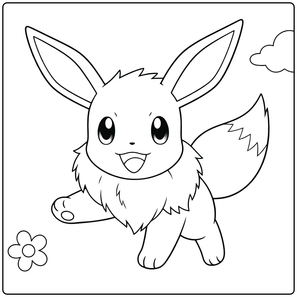 Eevee kleurplaat: schattige Eevee met bloemen