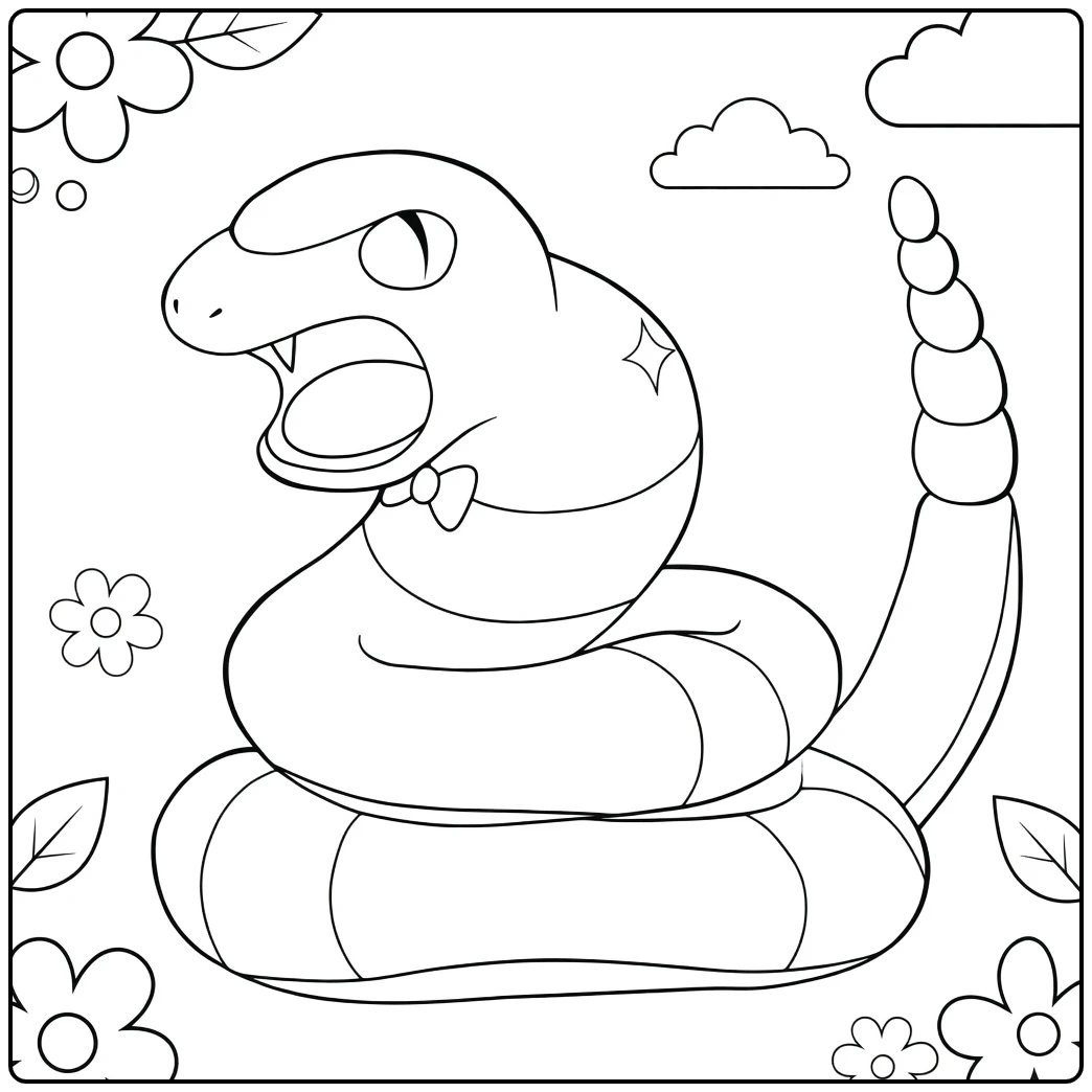 Ekans Kleurplaat: boze slang met vlinderdas en bloemen