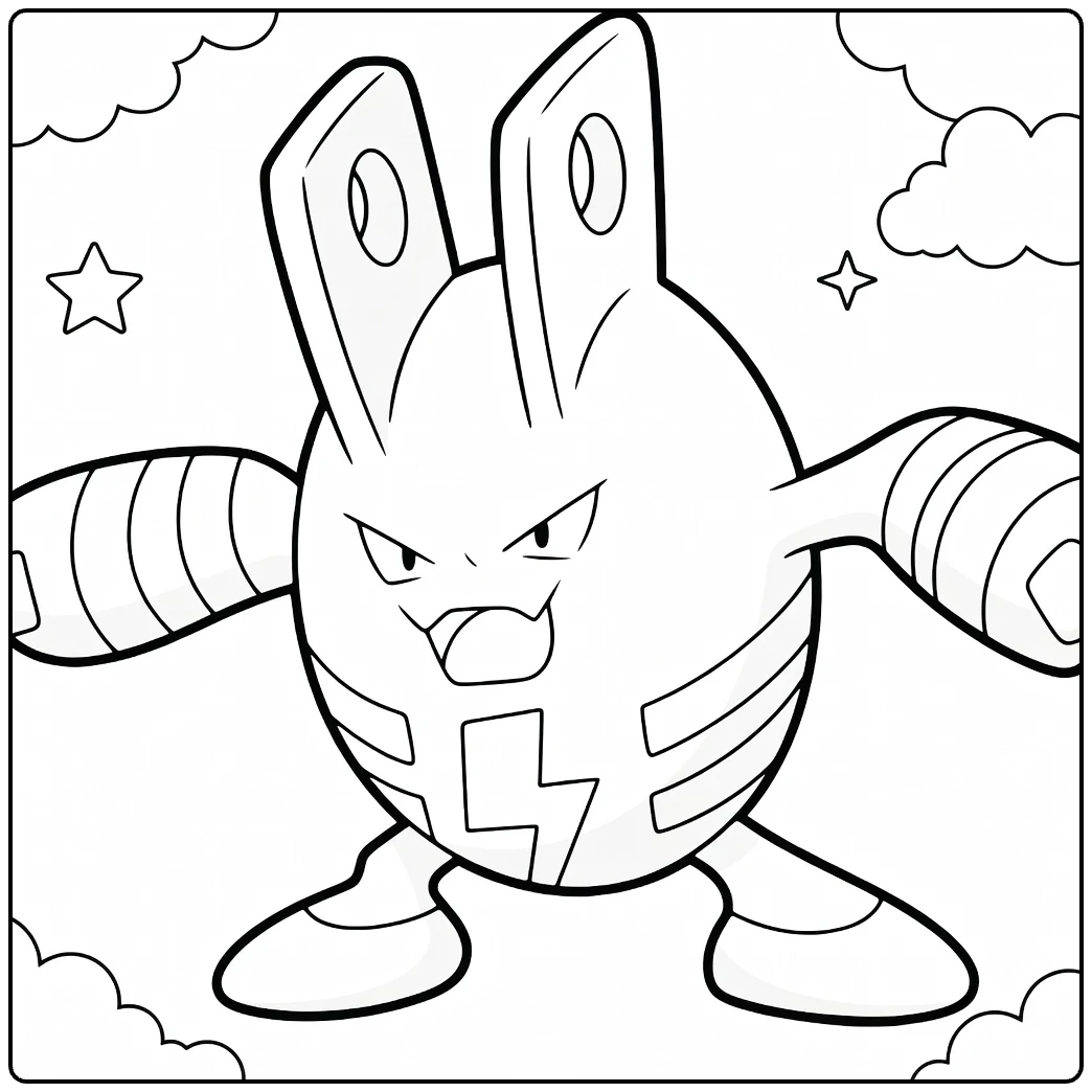Elekid Kleurplaat - boze Pokémon met pluggen en wolken