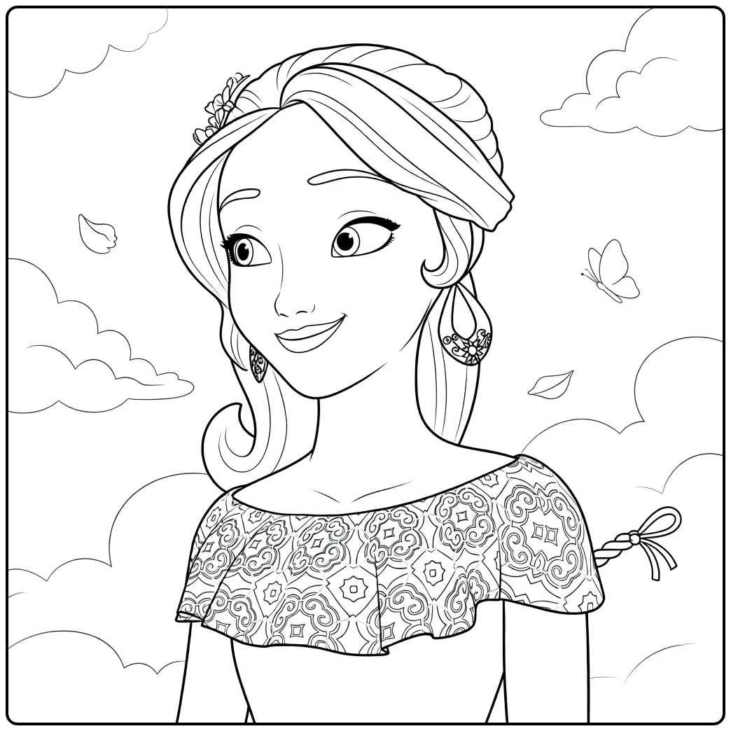 Elena of Avalor Kleurplaat met bloemen en vlinder in de lucht