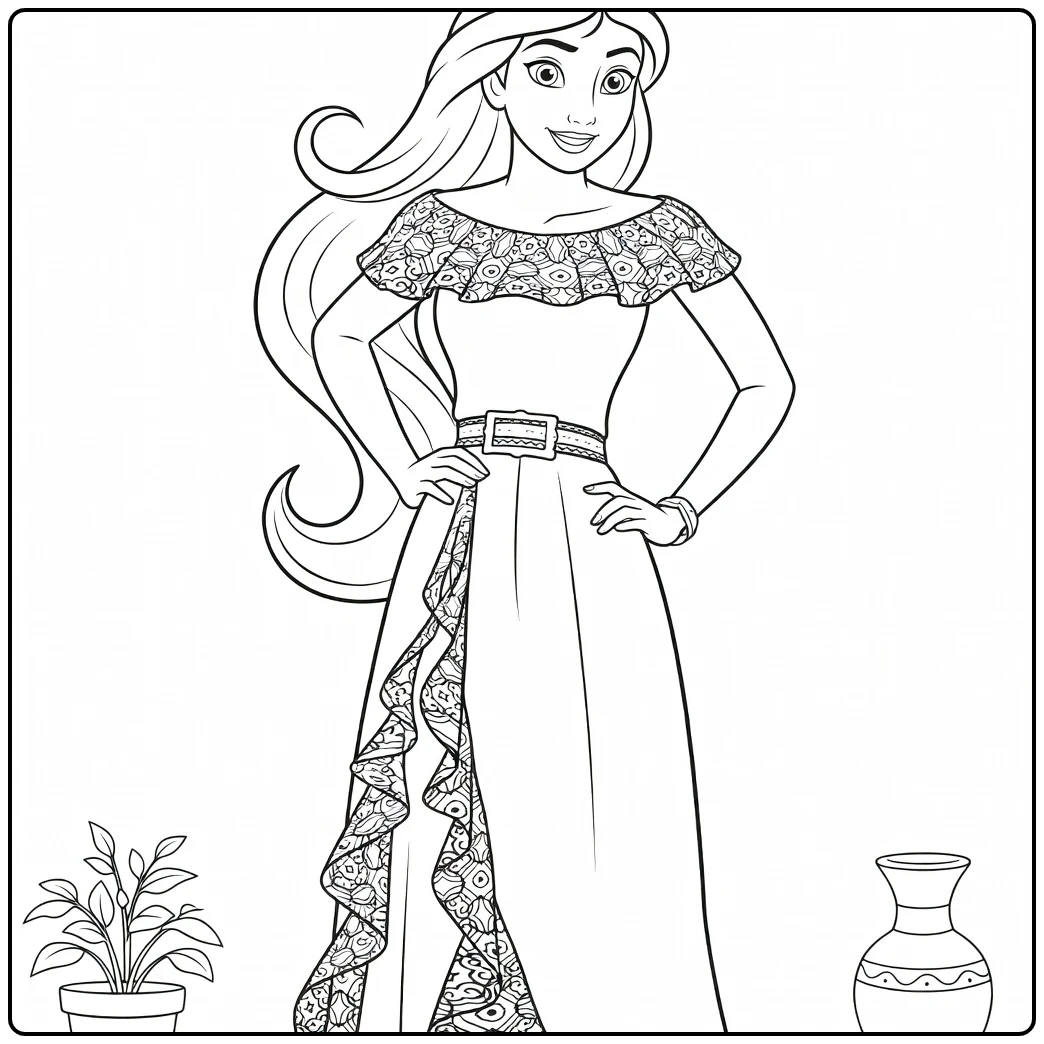 Elena of Avalor Kleurplaat met bloemenjurk en vaas