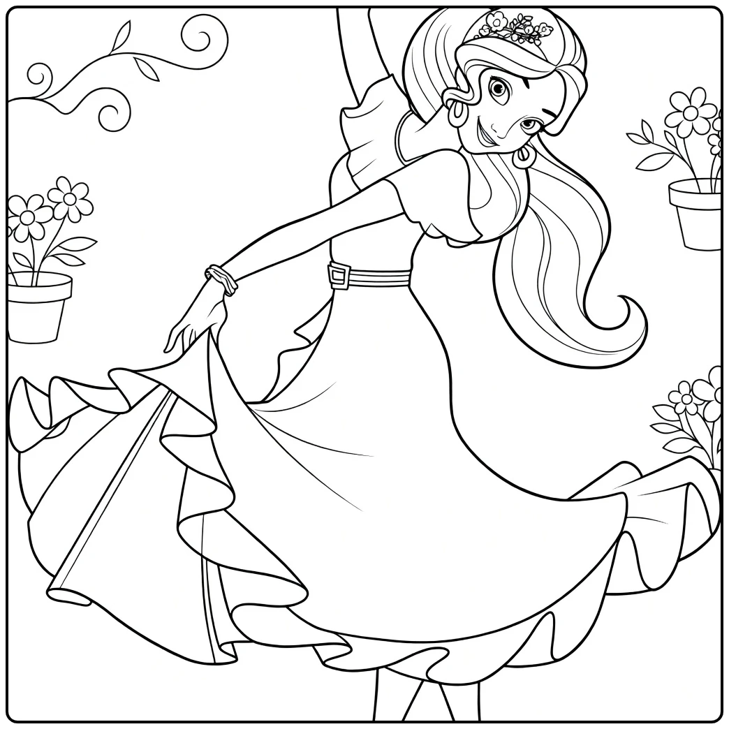 Elena of Avalor Kleurplaat met bloemen en sierlijke jurk