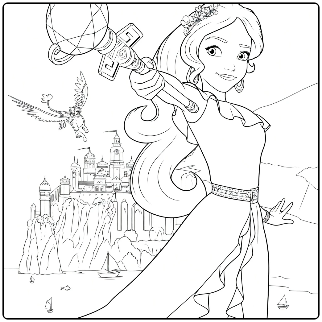Elena of Avalor Kleurplaat met scepter en kasteel op klif
