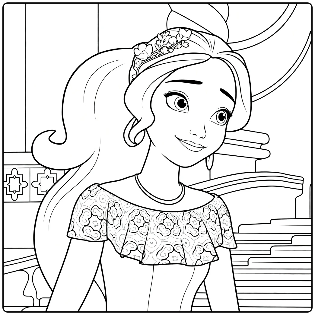 Elena of Avalor Kleurplaat met bloemenkrans en elegante jurk