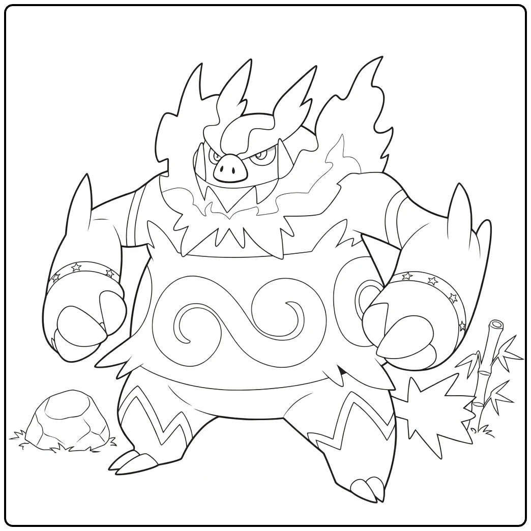 Emboar Kleurplaat: vurige Pokémon inkttekening
