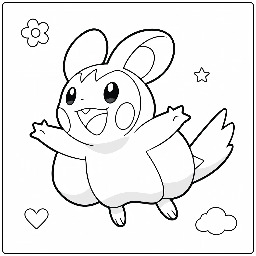 Emolga Kleurplaat: vliegende Emolga met sterren