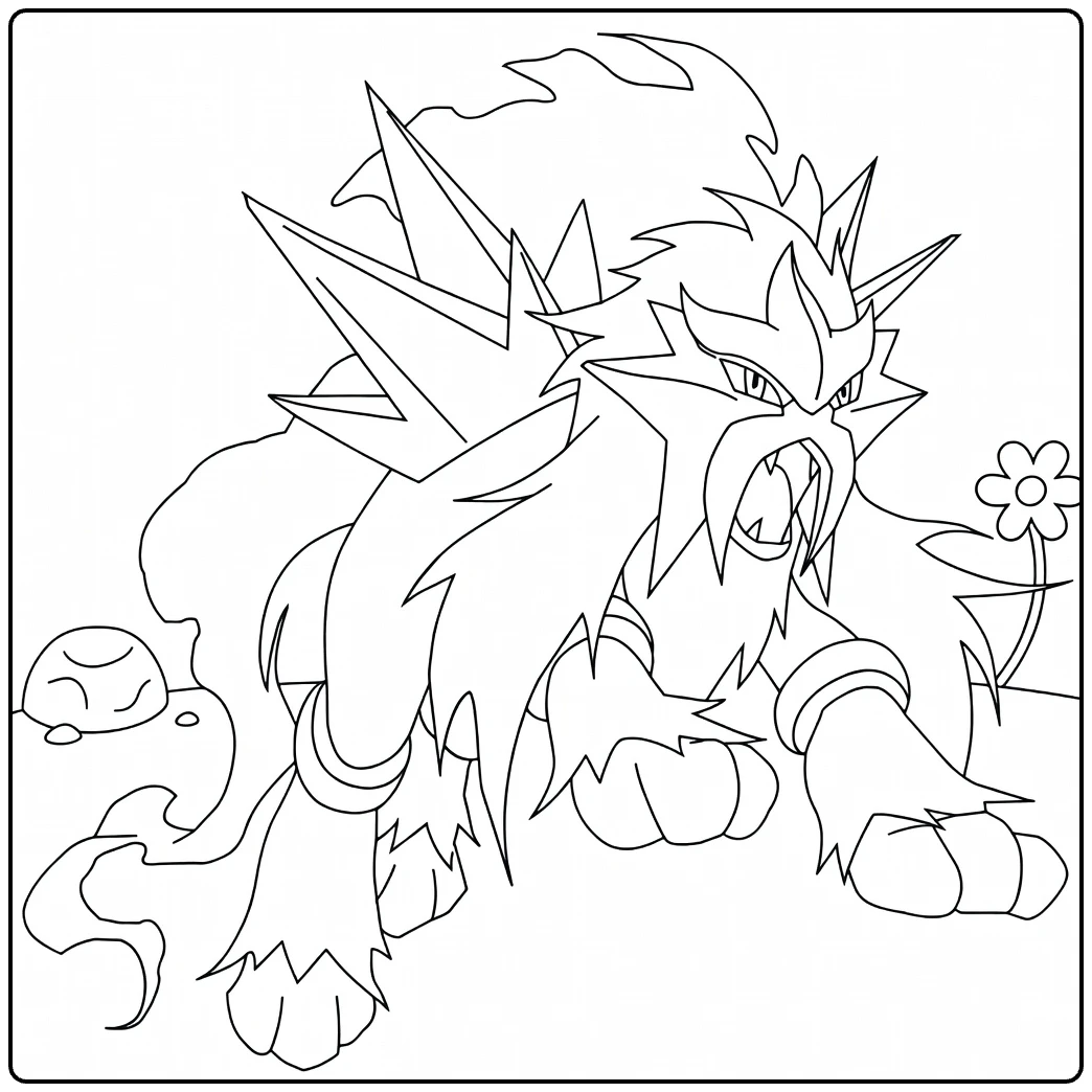 Entei Kleurplaat brullende Pokémon met bloem te inkleuren