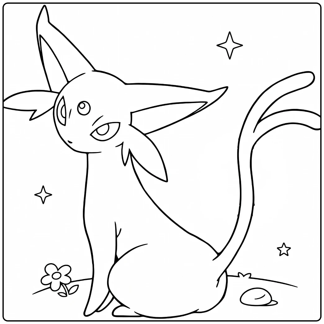 Espeon Kleurplaat: zittende Espeon met sterretjes en bloem