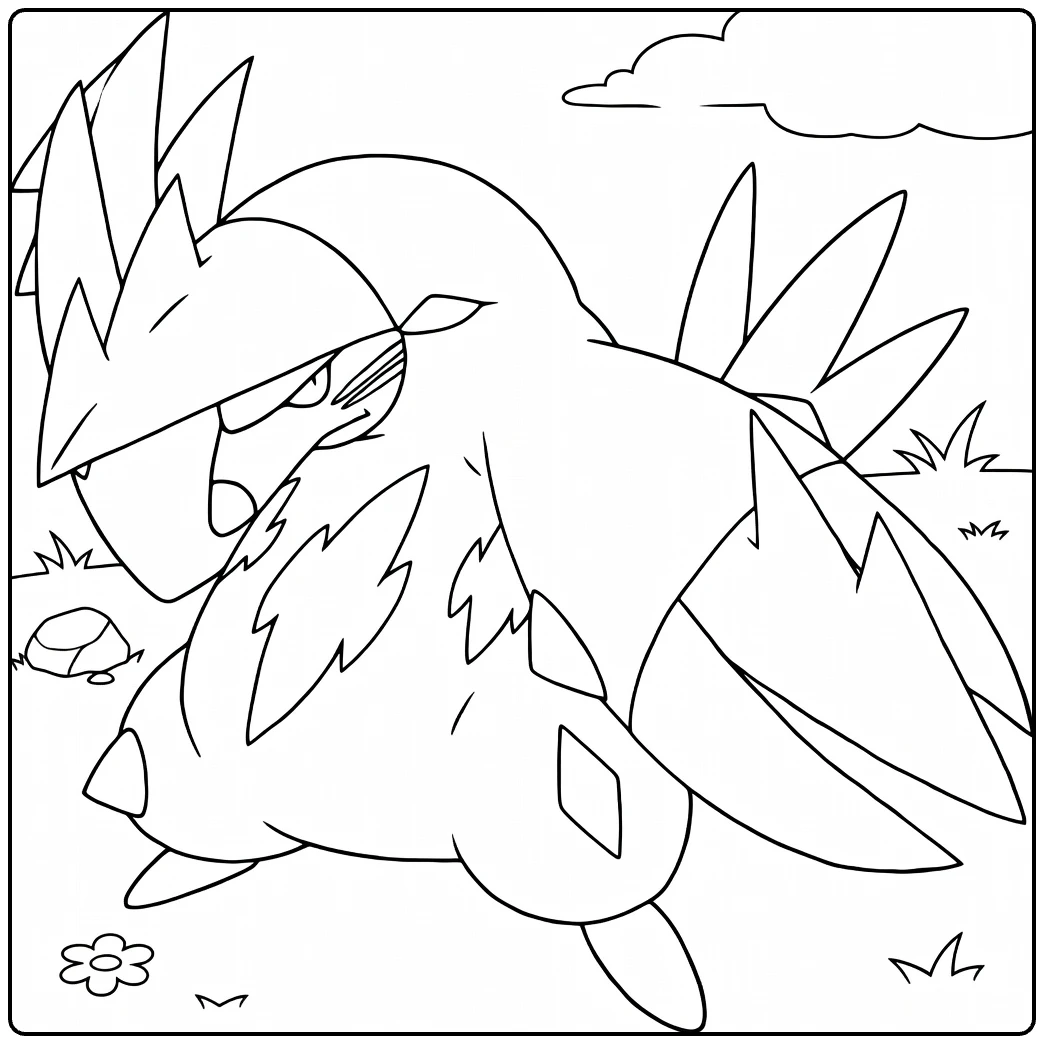Excadrill kleurplaat: boor-Pokémon in gras met rotsen