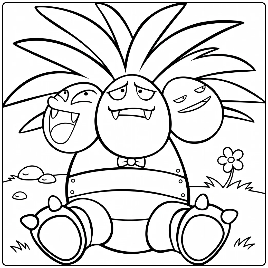 Exeggutor Kleurplaat met drie grappige hoofden en palmtop
