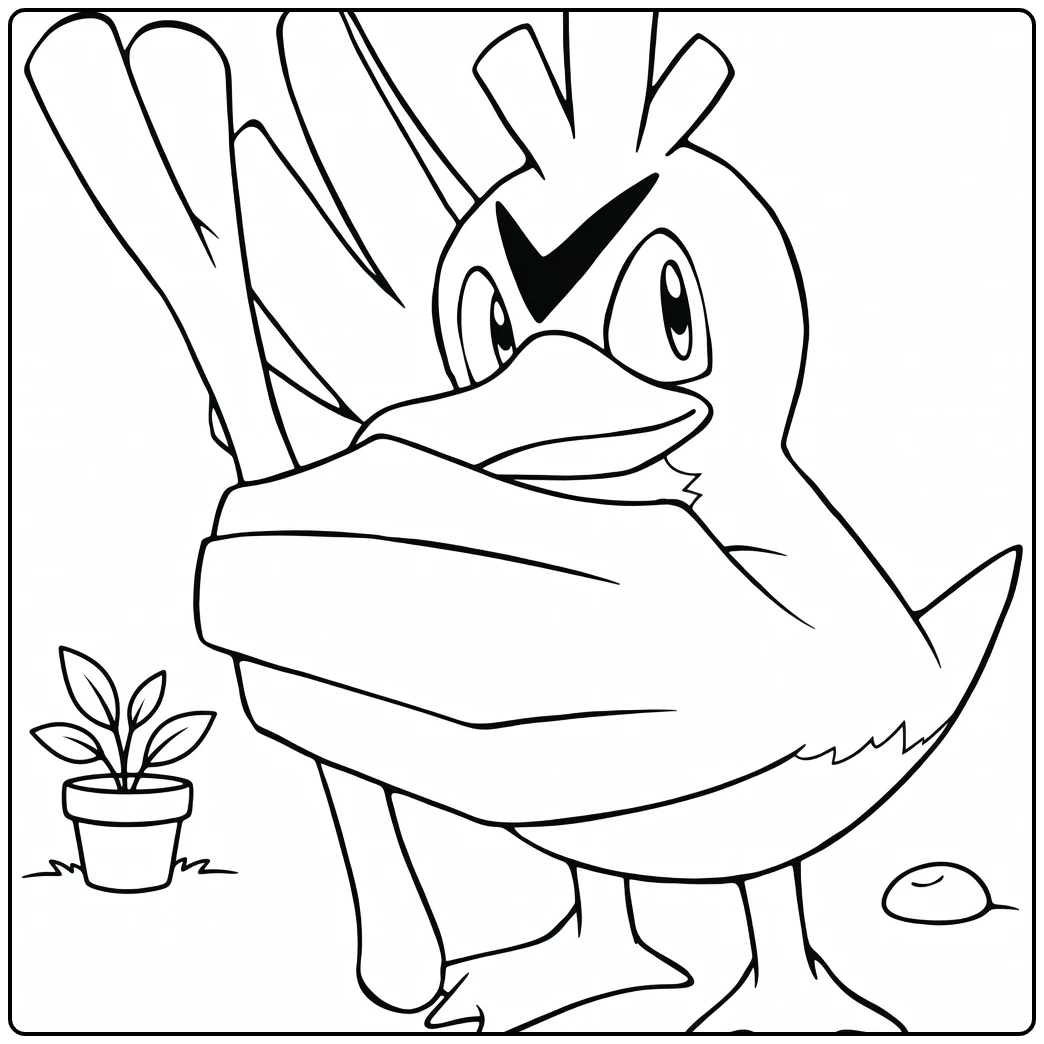 Farfetch'd Kleurplaat: boze Pokémon met prei en plant