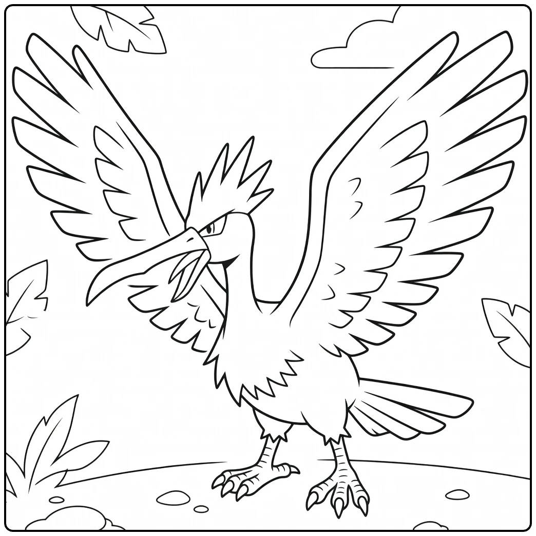 Fearow kleurplaat: Pokémon vogel met gespreide vleugels