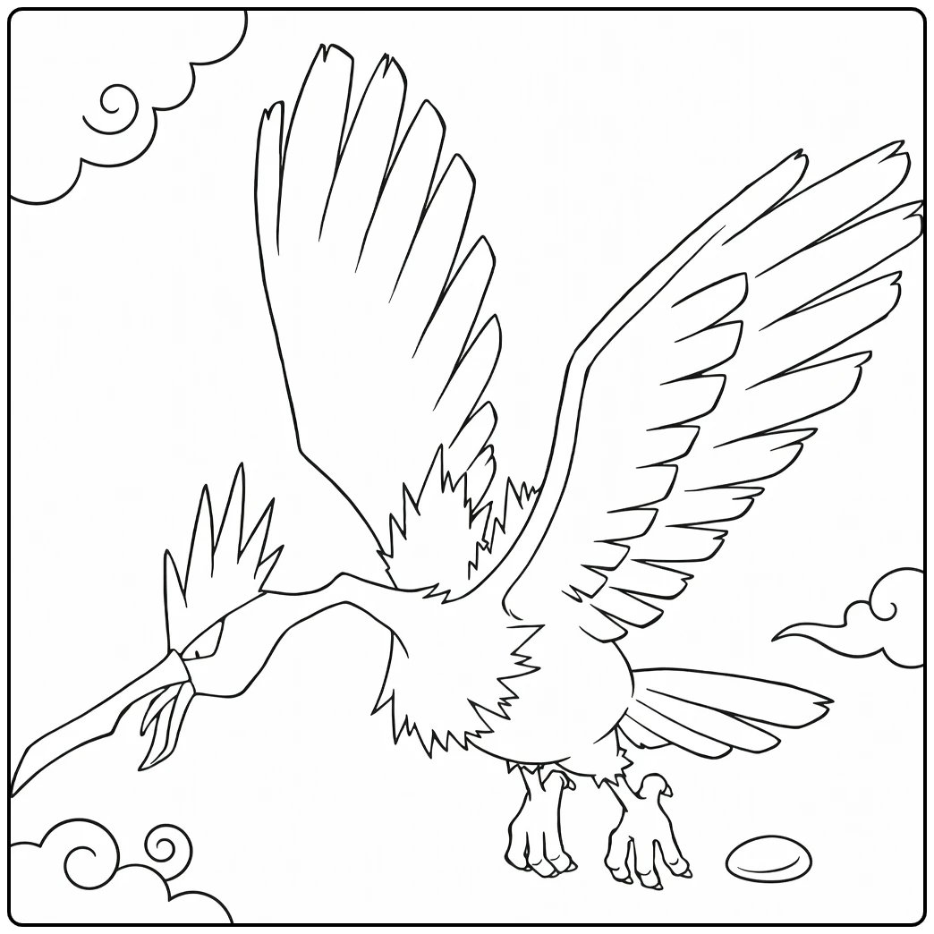 Fearow Kleurplaat: Pokémon vogel in vlucht met ei en wolken