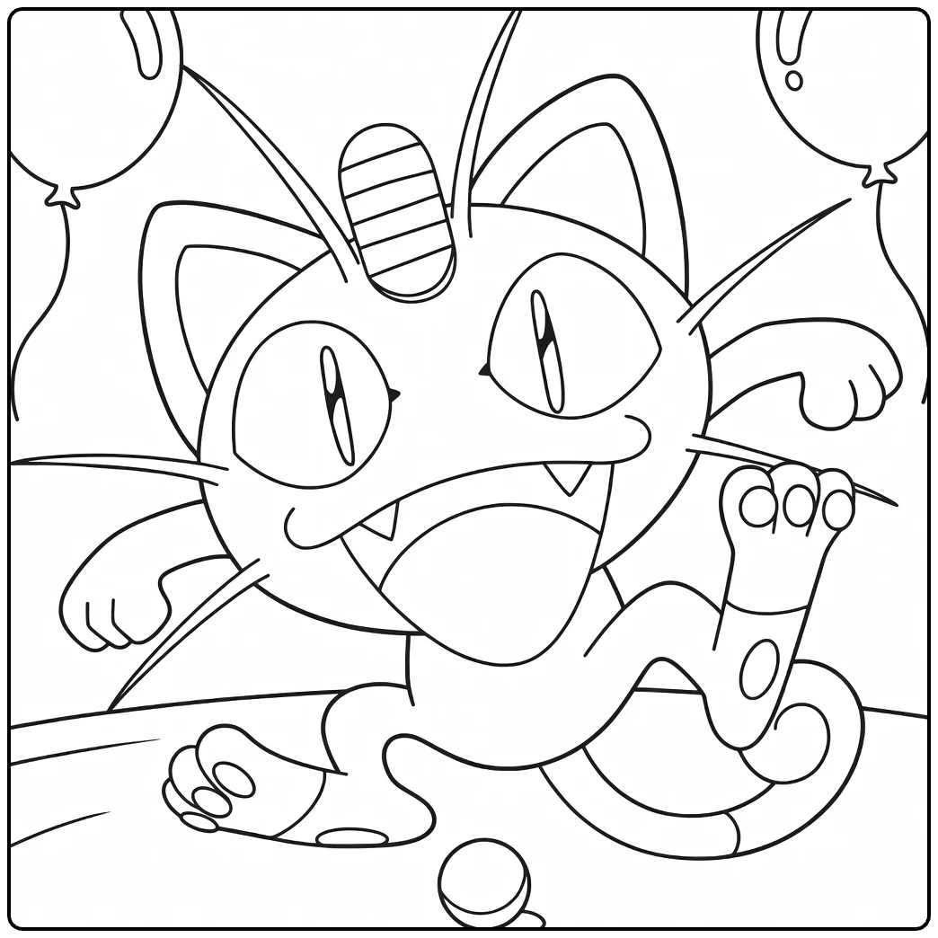 Meowth kleurplaat: Pokémon kat met ballonnen en munt