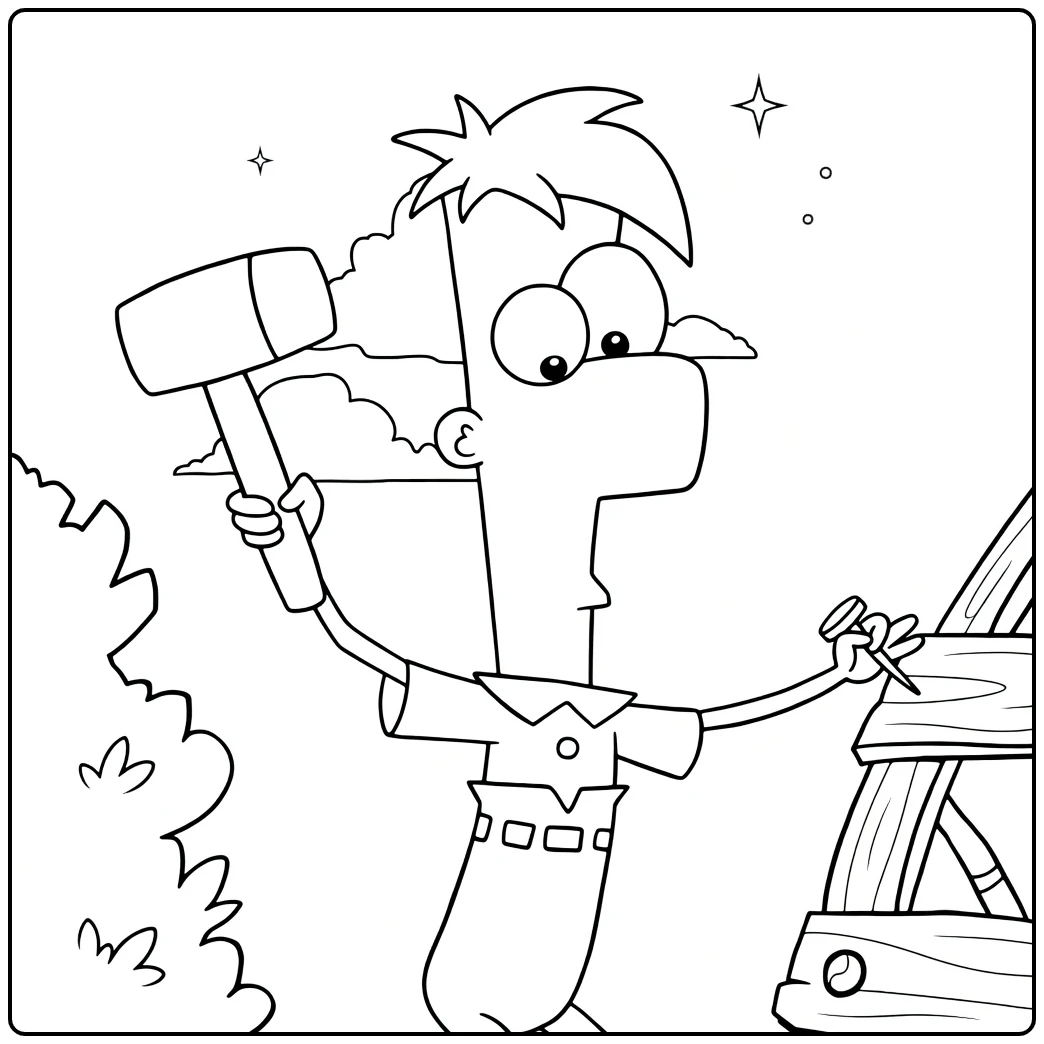 Ferb Kleurplaat met hamer en houten constructie