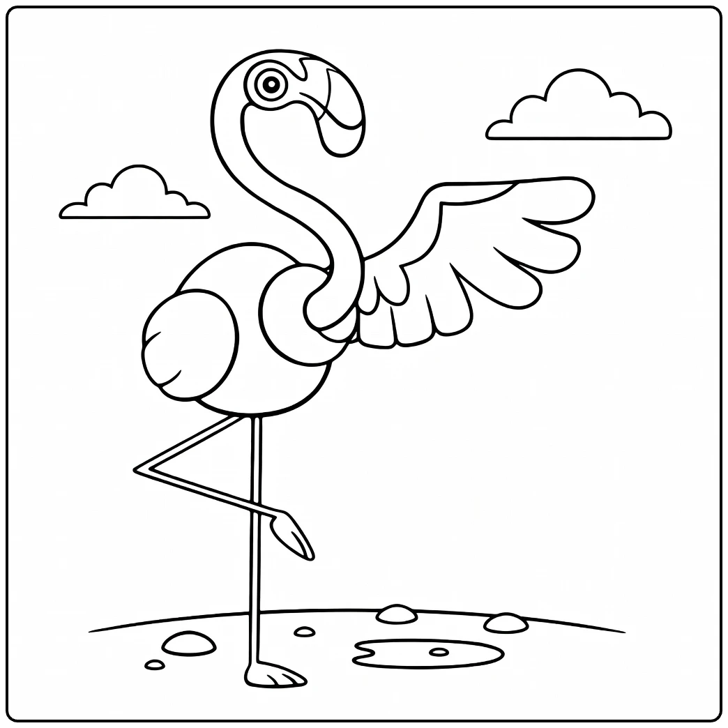 Flamigo Kleurplaat: flamingo op één poot met wolken