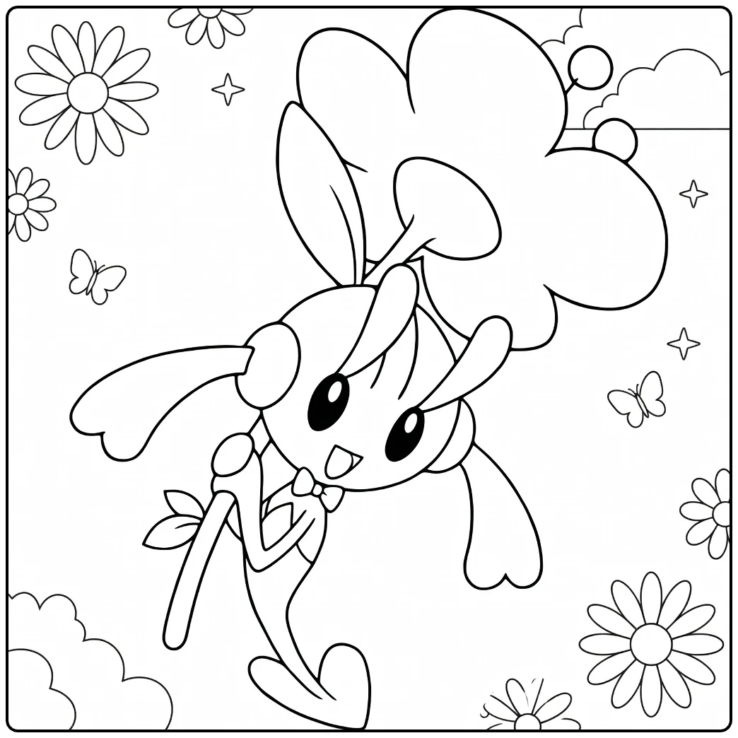 Floette Kleurplaat: schattige Pokémon met bloem en vlinders