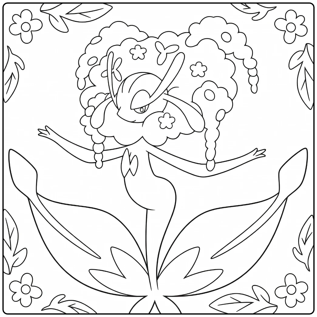 Florges Kleurplaat Pokémon met bloemenjurk en krans