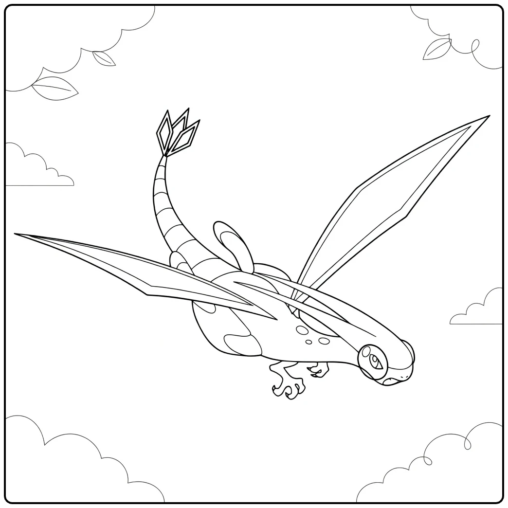 Flygon Kleurplaat vliegend met vleugels en wolken