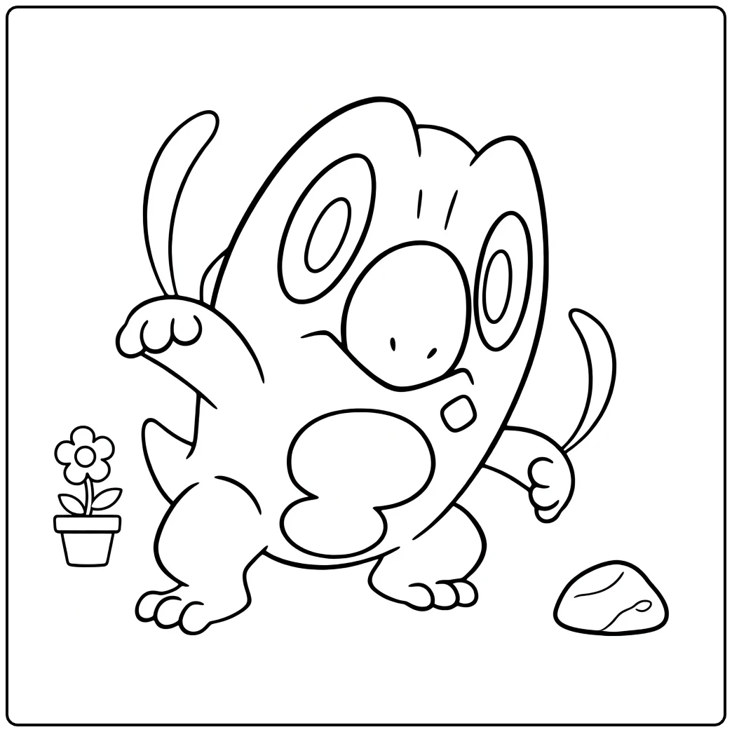 Frigibax Kleurplaat: schattige Pokémon met bloem en steen