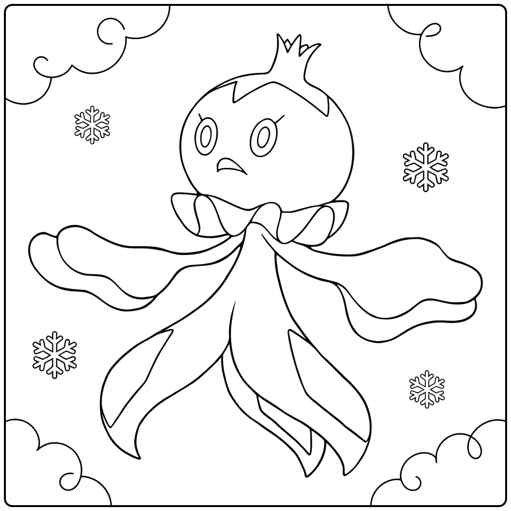 Frillish Kleurplaat: verbaasde Pokémon met kroon en sneeuw