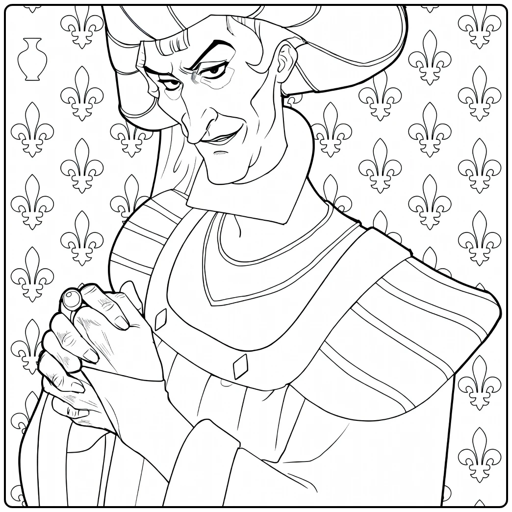 Frollo Kleurplaat Disney schurk met leliepatroon achtergrond