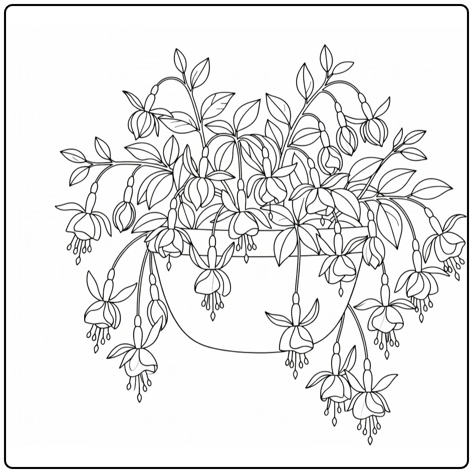 Fuchsia kleurplaat met hangmand en klokbloemen