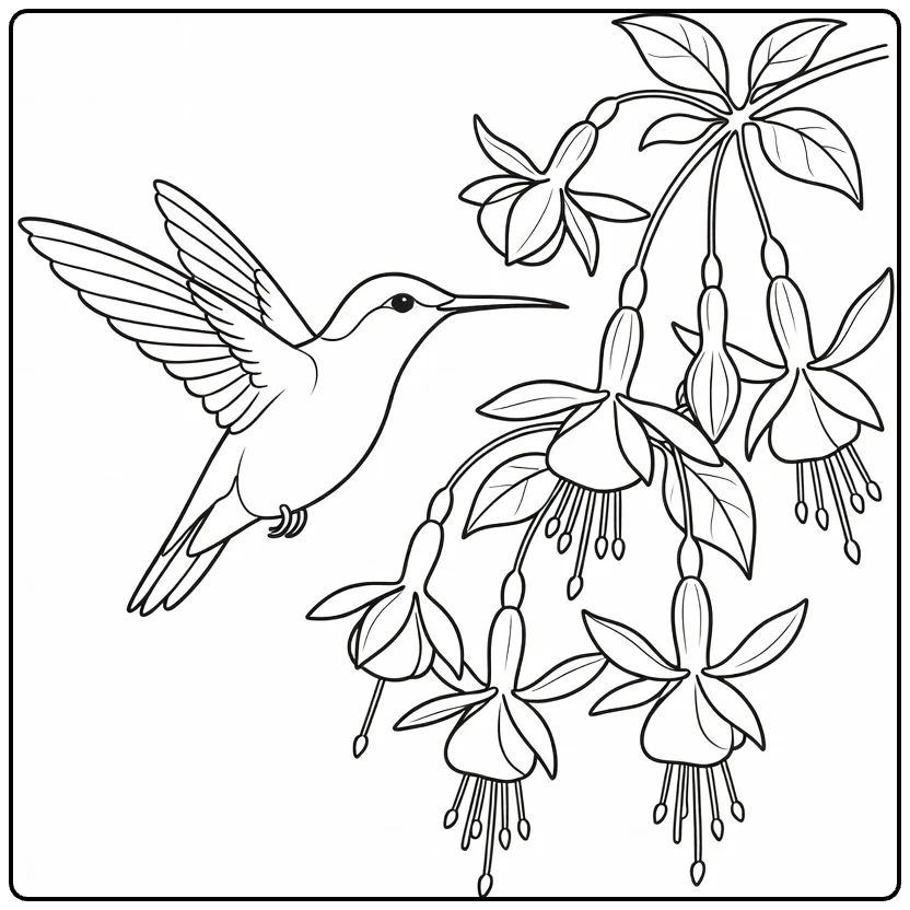 fuchsia kleurplaat met kolibrie bij hangende bloemen