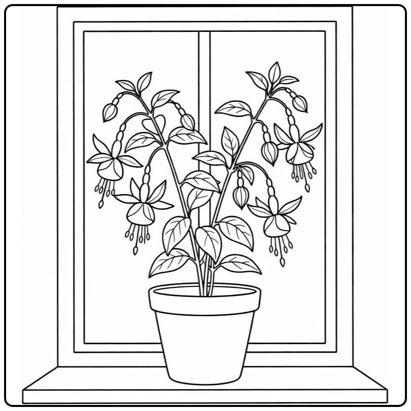 Fuchsia kleurplaat van plant op vensterbank met bloemen