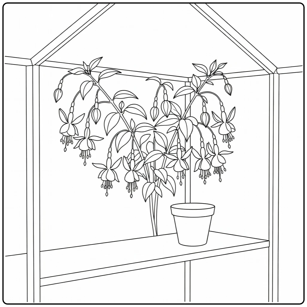 fuchsia kleurplaat van fuchsia plant in kas met hangende bloemen