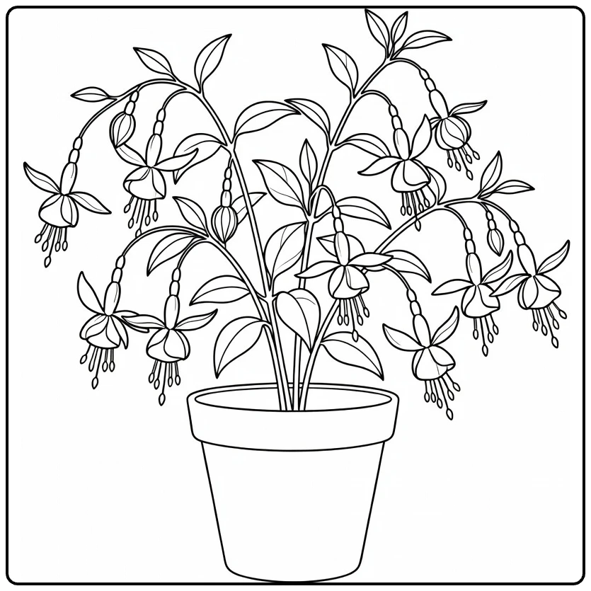 fuchsia kleurplaat met plant in keramische pot