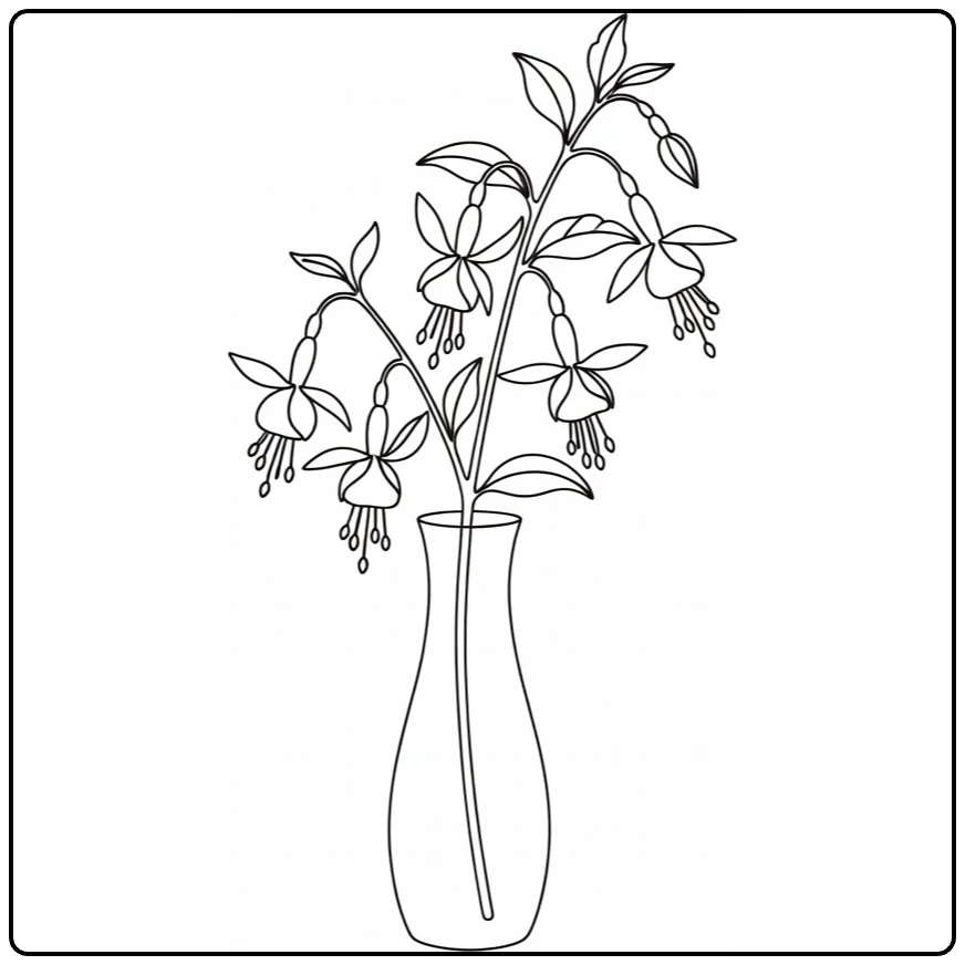 fuchsia kleurplaat met tak in smalle vaas en bloemen