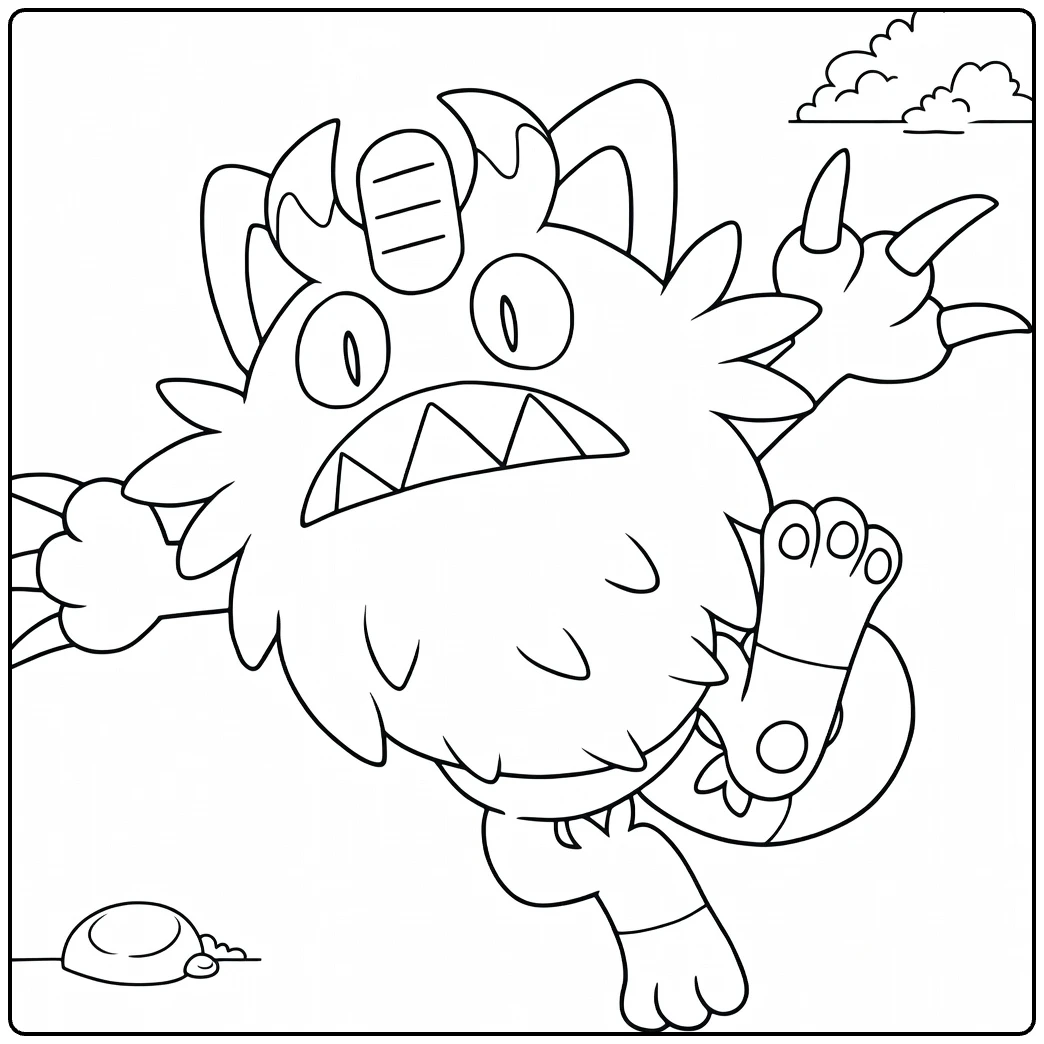 Galarian Meowth kleurplaat: brullend met klauwen en tanden