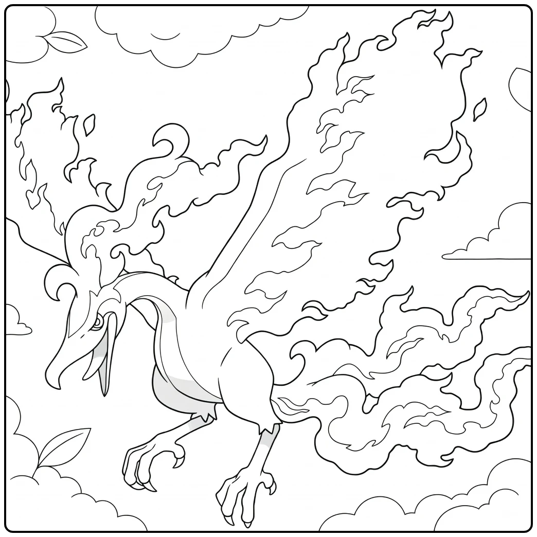Galarian Moltres Kleurplaat: vliegende vuur-Pokémon met vlammen