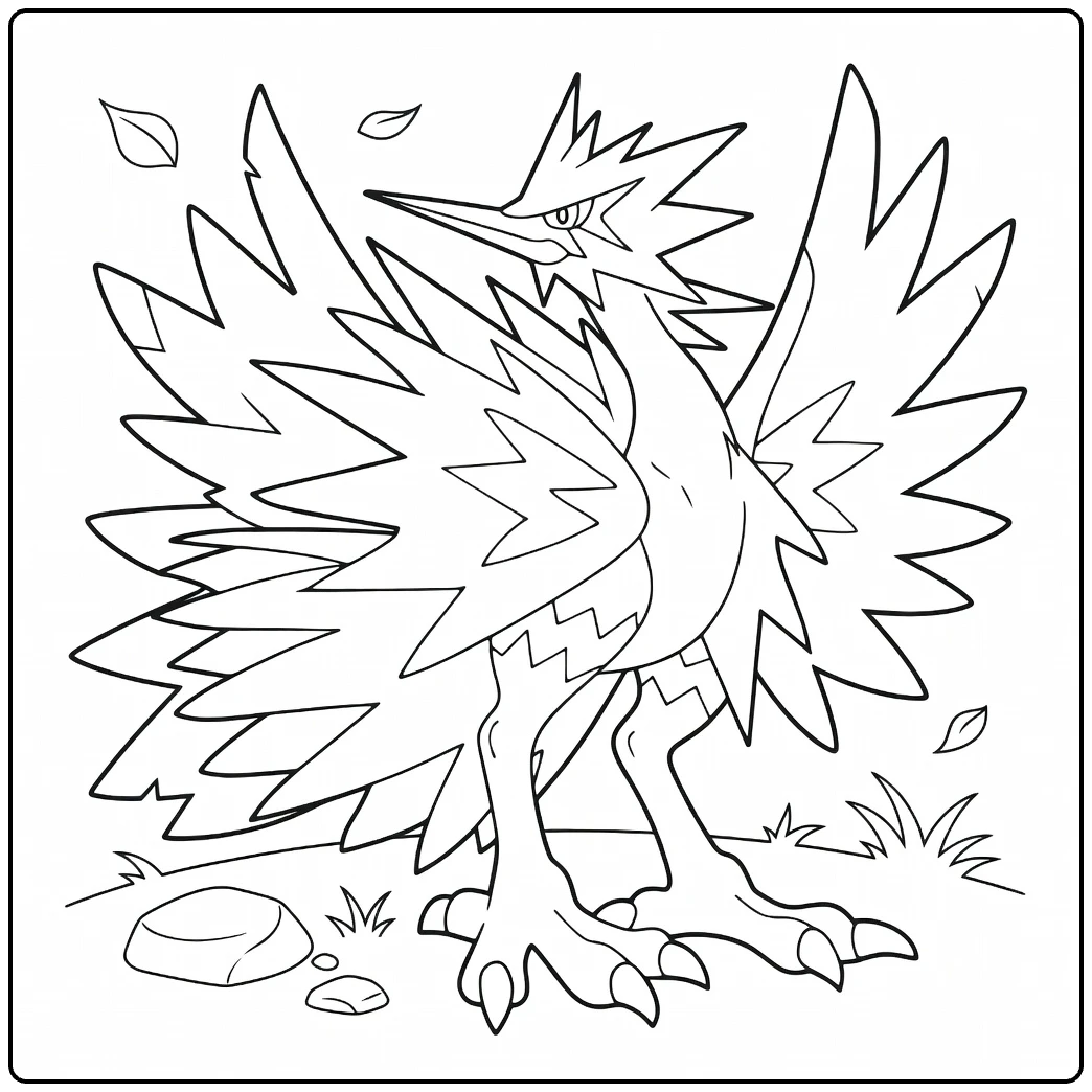 Galarian Zapdos Kleurplaat met vleugels en vallende bladeren